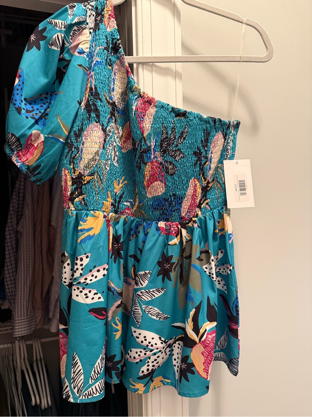NWT-JODIFL-Turquoise One-Shoulder Floral Smocked Ruffle Top